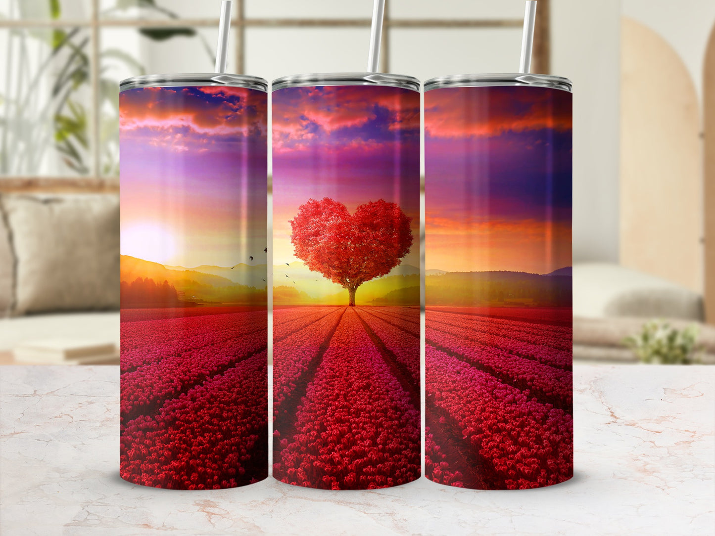 Vibrant Sunset Sky Red Flower Field Heart Tree Design product type