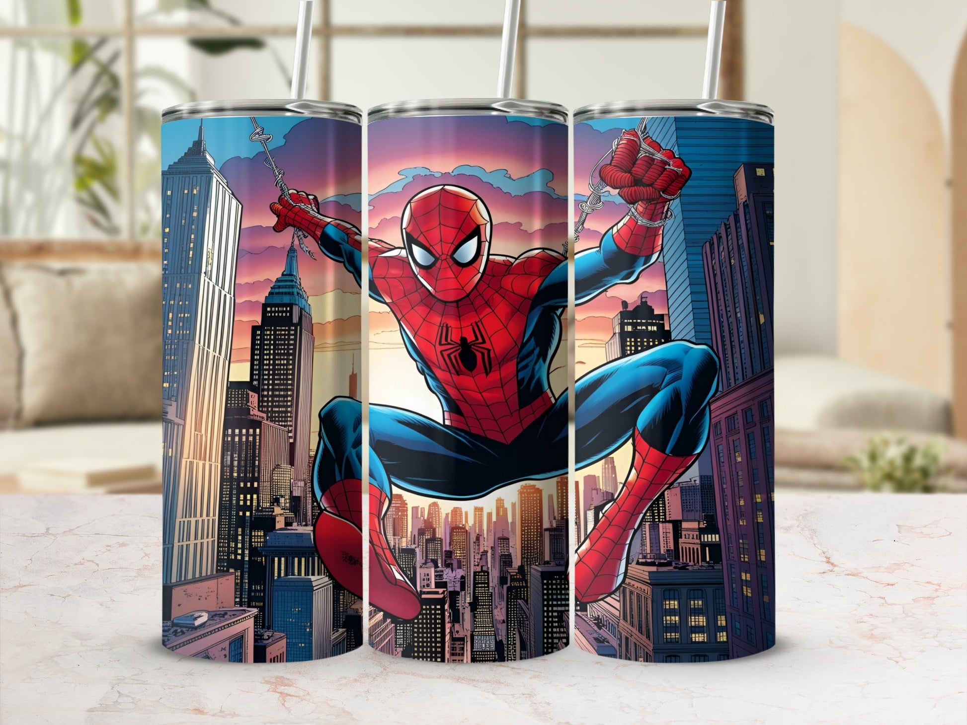 Spiderman swinging through a cityscape at sunset on a skinny tumbler.