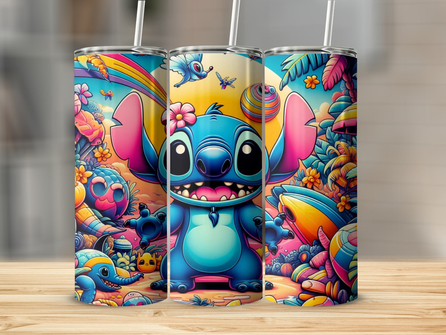 Cute Blue Cartoon Character with Tropical Scene Tumbler