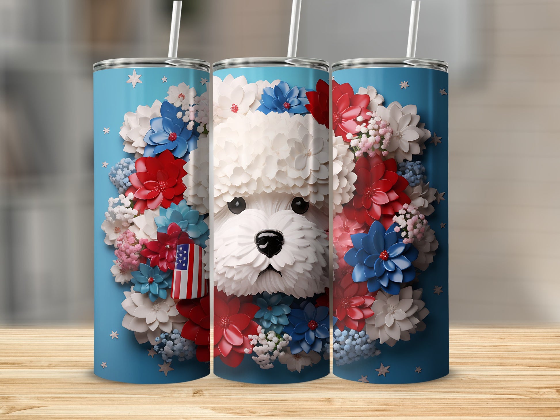 Blue tumbler with a fluffy white dog and patriotic floral wreath.