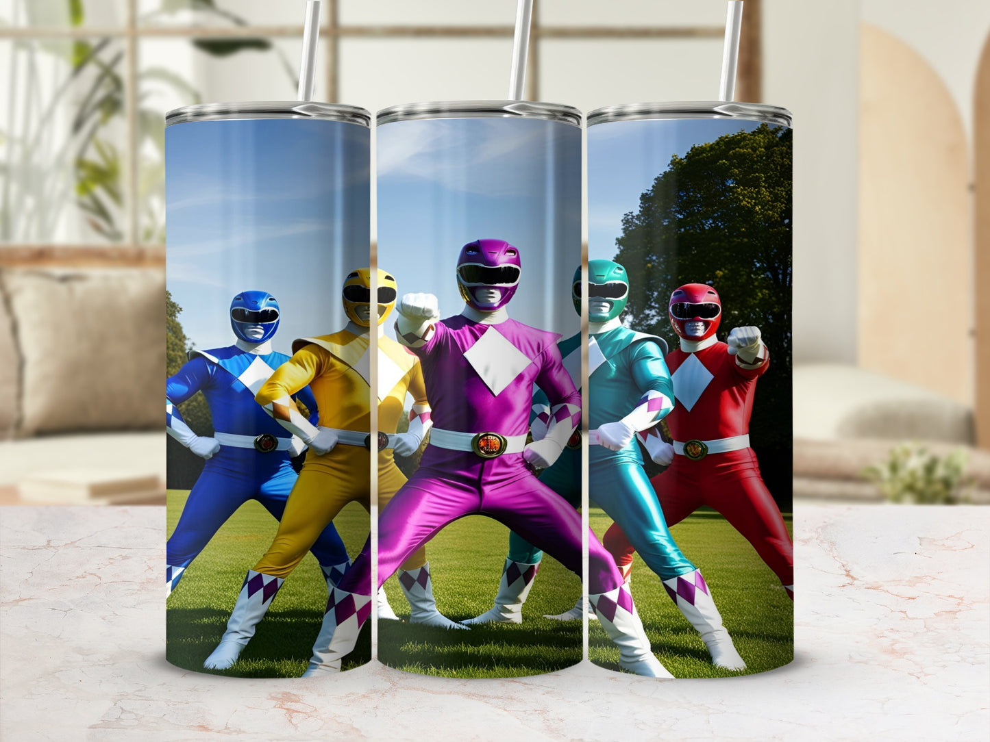 Five Power Rangers in colorful costumes on green grass under a blue sky.