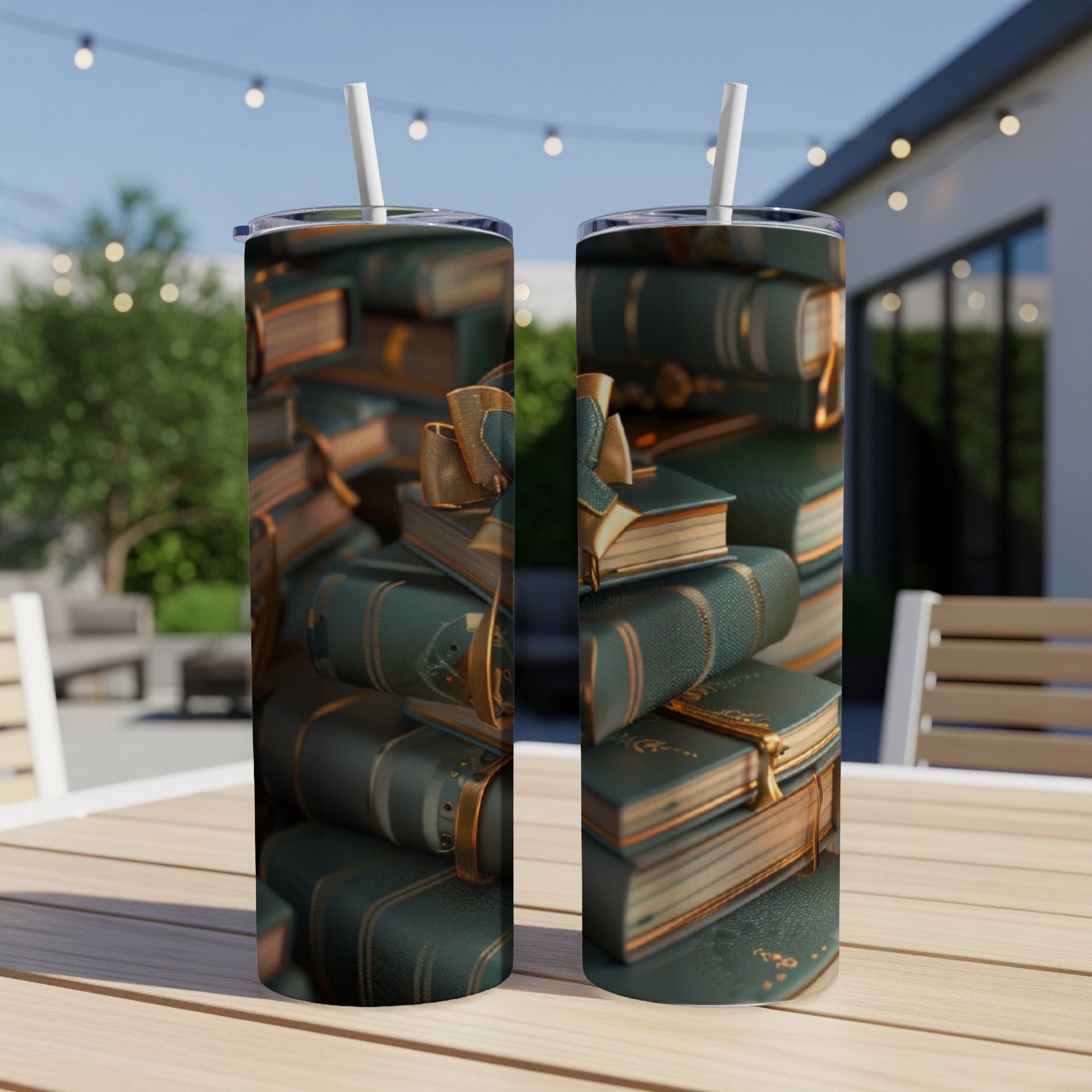 Two tumblers with stacked antique books design, one with straw.