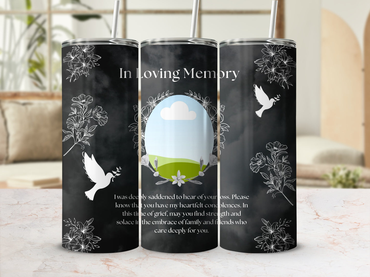 Tumbler with "In Loving Memory" text and floral/dove design.