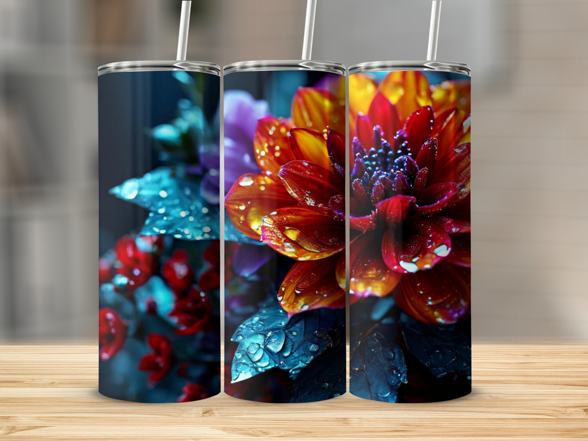 Three tumblers feature close-ups of vibrant, dew-kissed flowers.