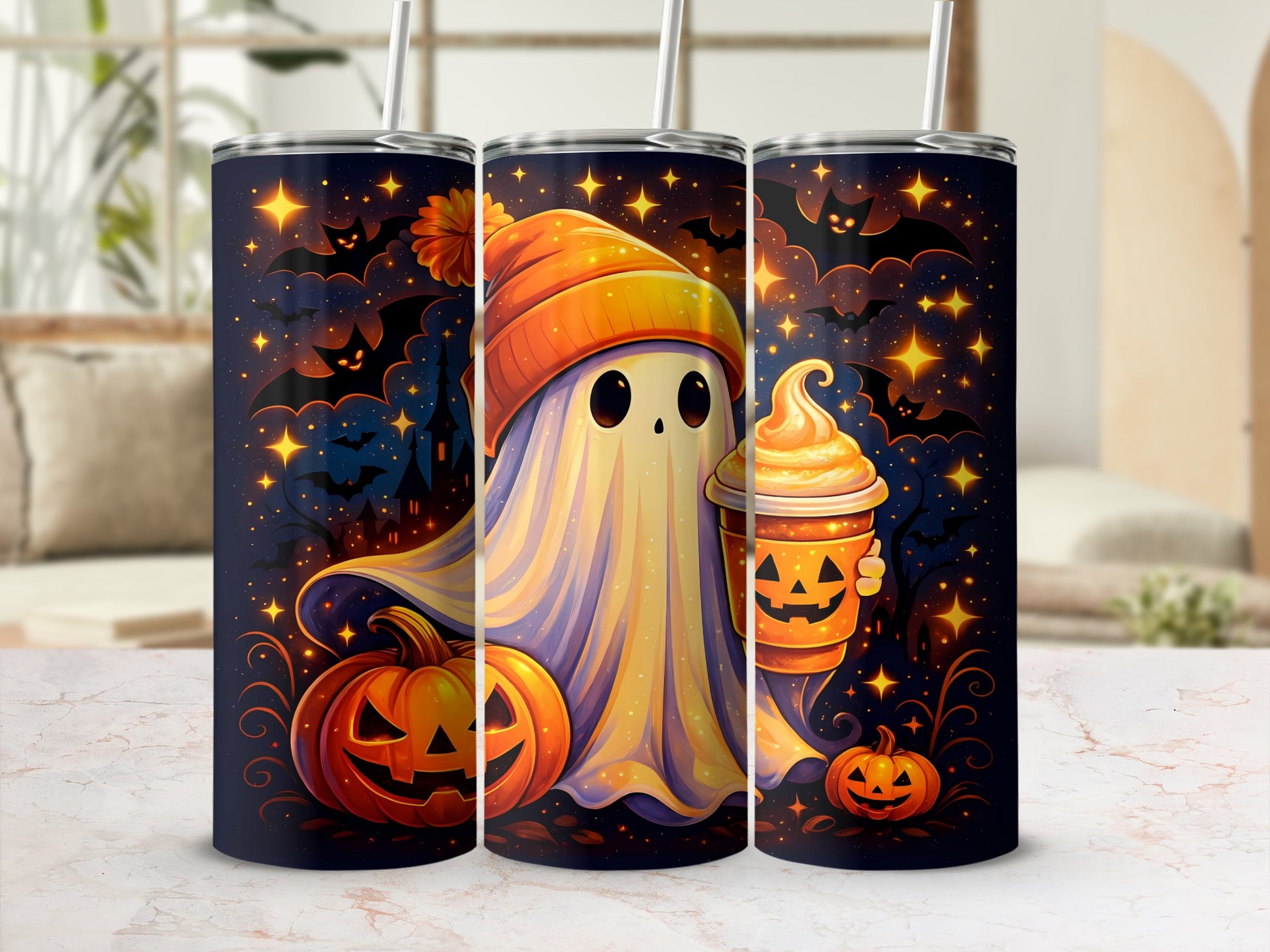 Halloween tumbler with a ghost, pumpkins, bats, and stars.