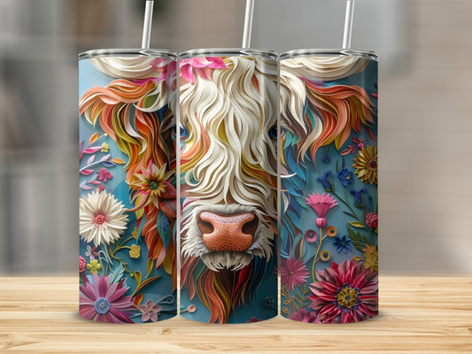 Highland cow with colorful floral accents on a light blue background.