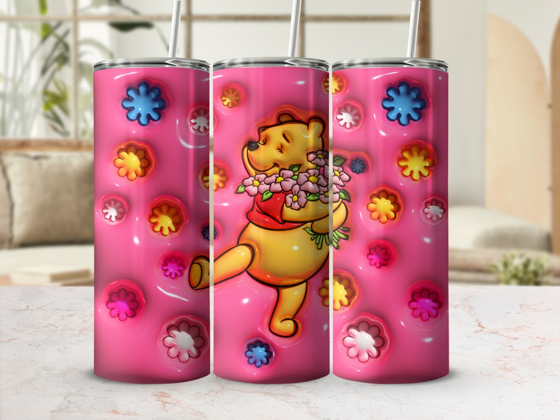 Cute Flower Bear With Pink Background Tumbler