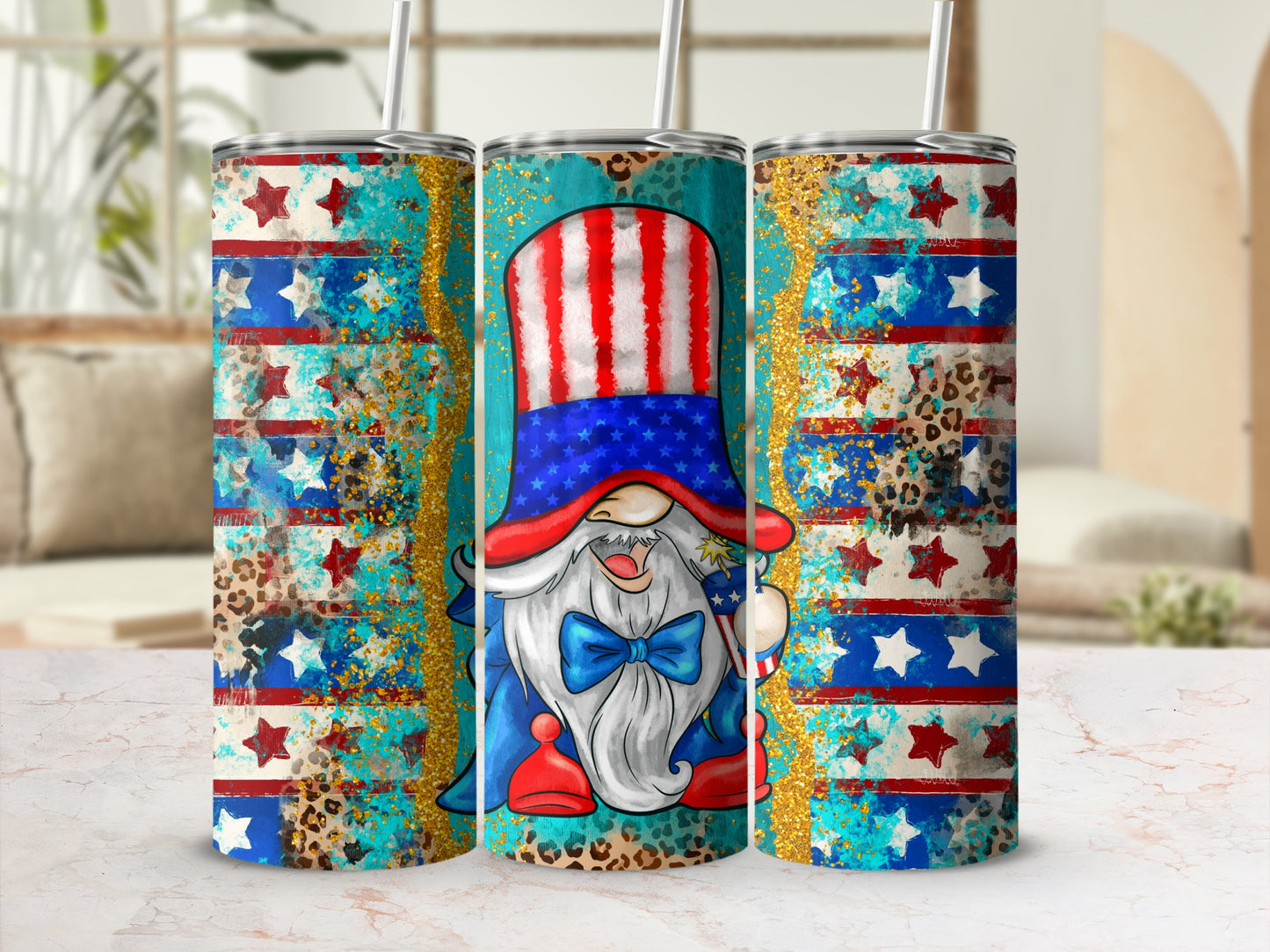 Patriotic gnome in stars and stripes hat with blue bow, surrounded by gold glitter.