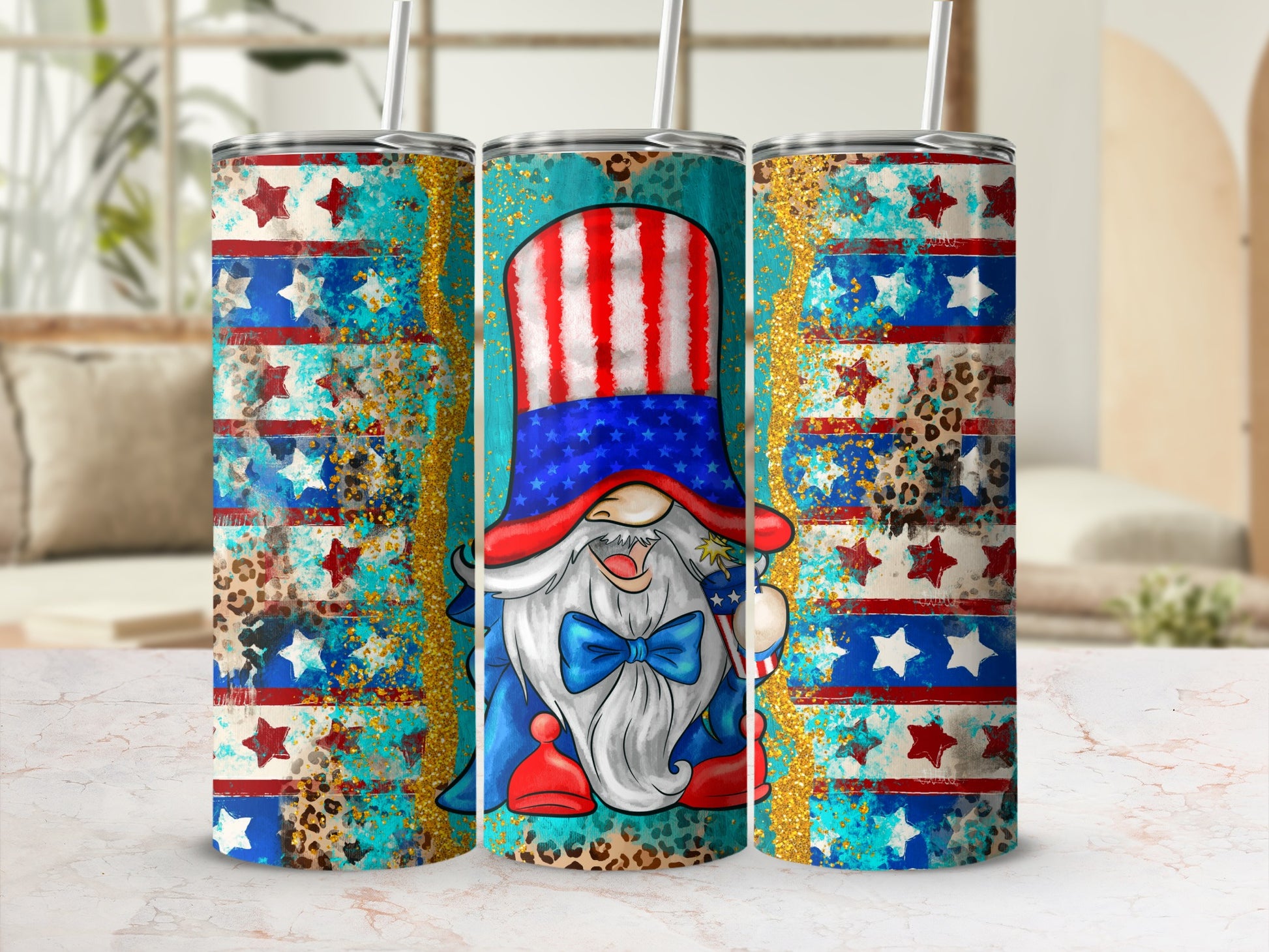 Patriotic gnome in stars and stripes hat with blue bow, surrounded by gold glitter.