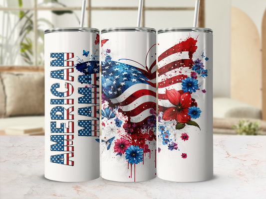 American Woman tumbler with floral butterfly design and US flag accents.