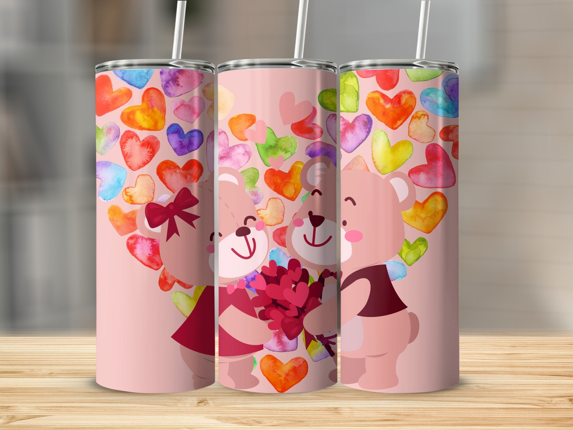 Adorable Bears with Colorful Hearts Tumbler Design