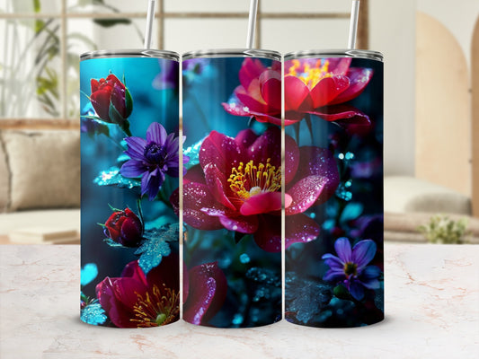 Three tumblers with dark floral designs featuring red and purple flowers.