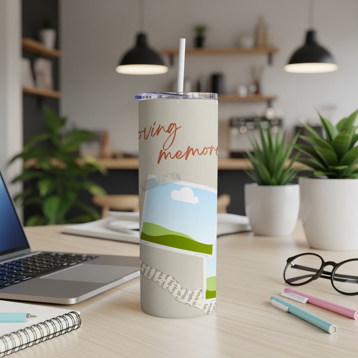 Beige tumbler with "Loving memories" text, photos, and torn paper design.