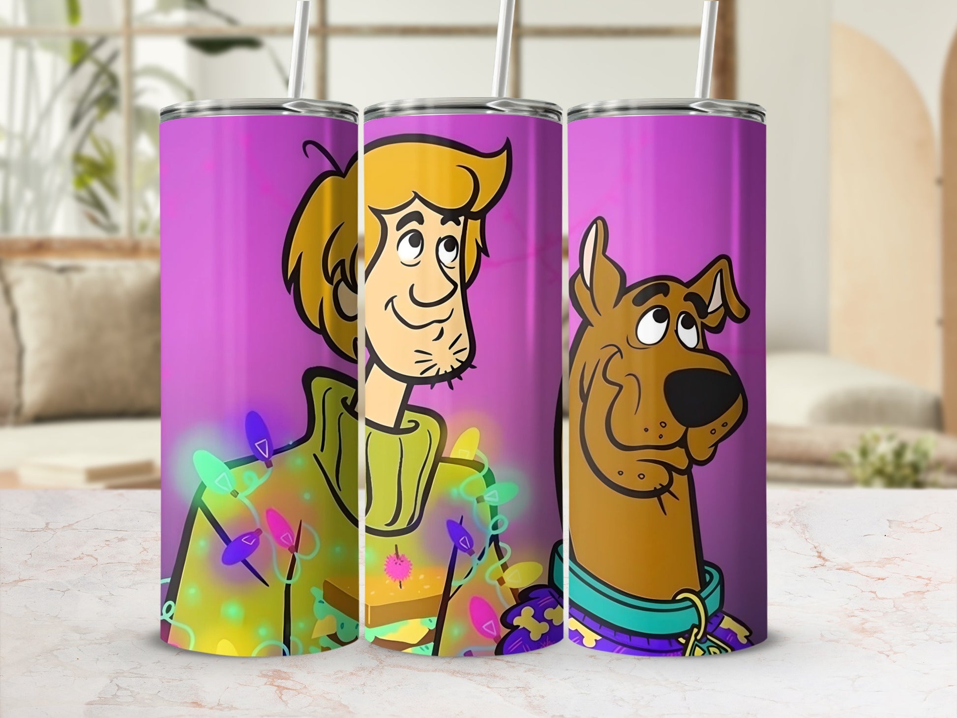 Scooby-Doo and Shaggy characters on a purple tumbler with Christmas lights.
