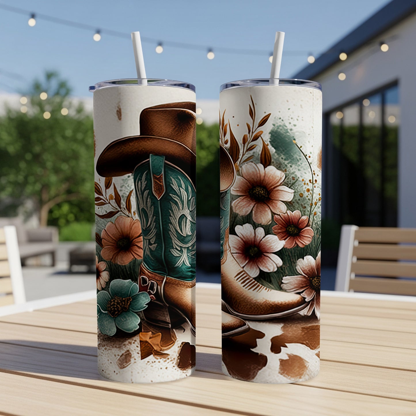 Two cowboy boots with floral accents and cowhide pattern on tumblers.