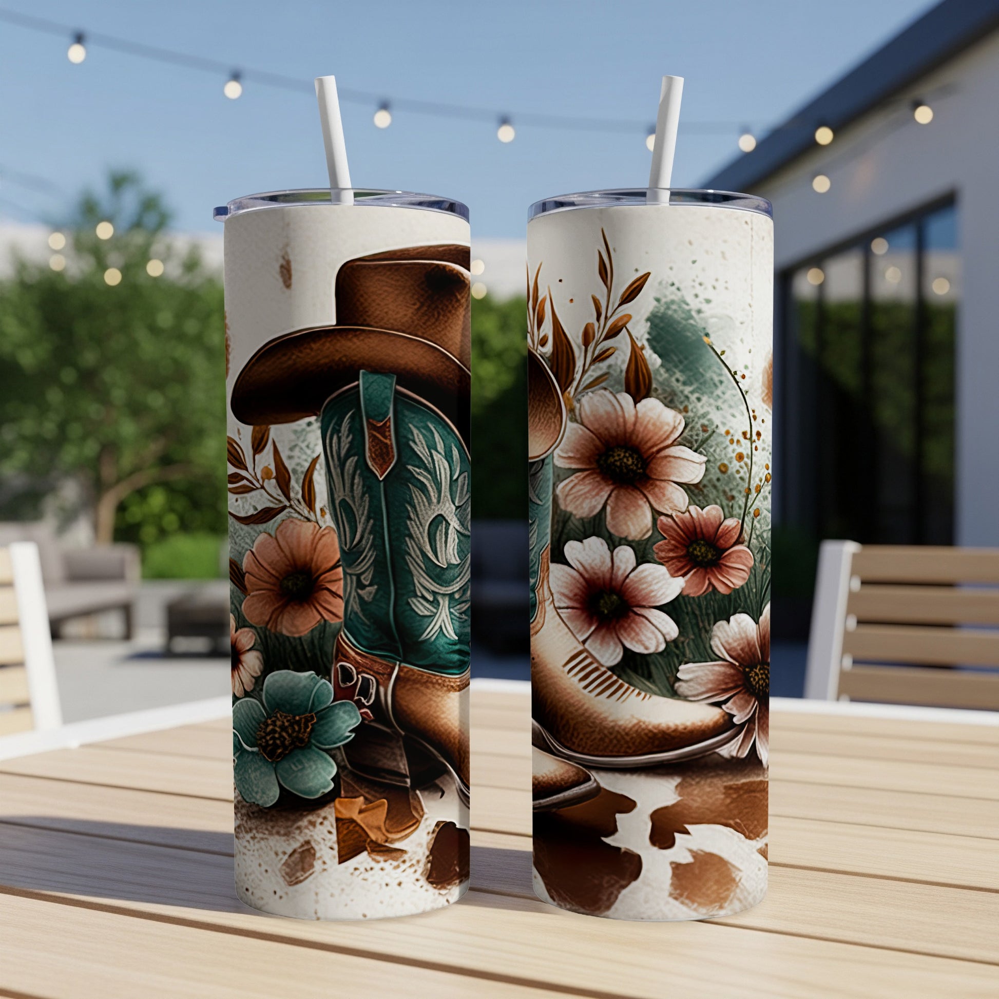 Two cowboy boots with floral accents and cowhide pattern on tumblers.