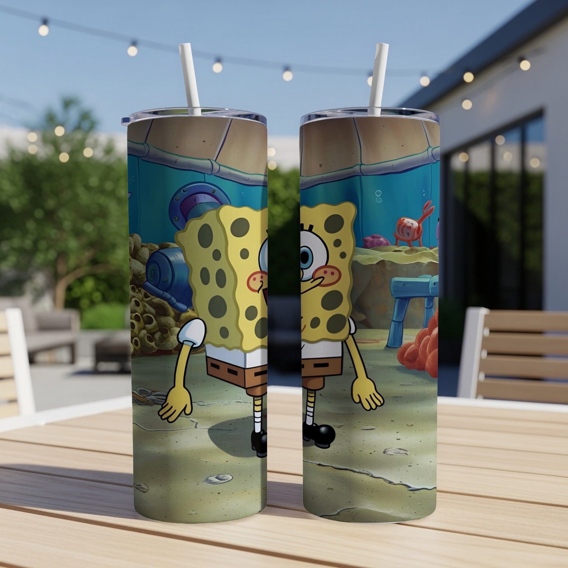 SpongeBob SquarePants character on a tumbler with a straw.