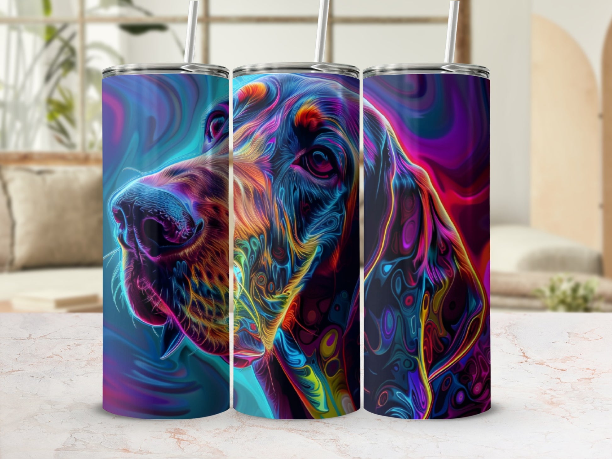 Abstract dog portrait with vibrant, swirling colors on three tumblers.