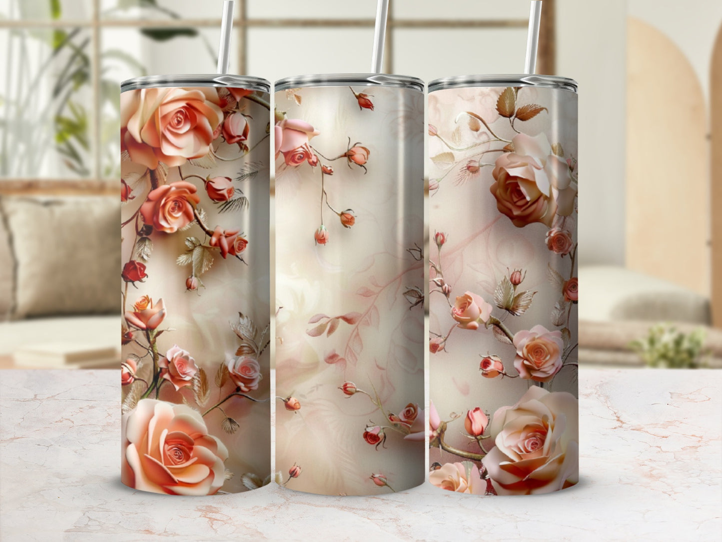 Three seamless patterns of pink and peach roses on a textured background.