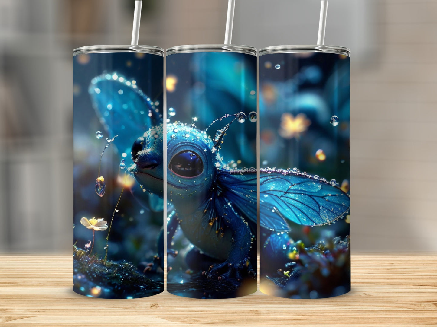 Blue winged creature with glowing accents on three tumblers.