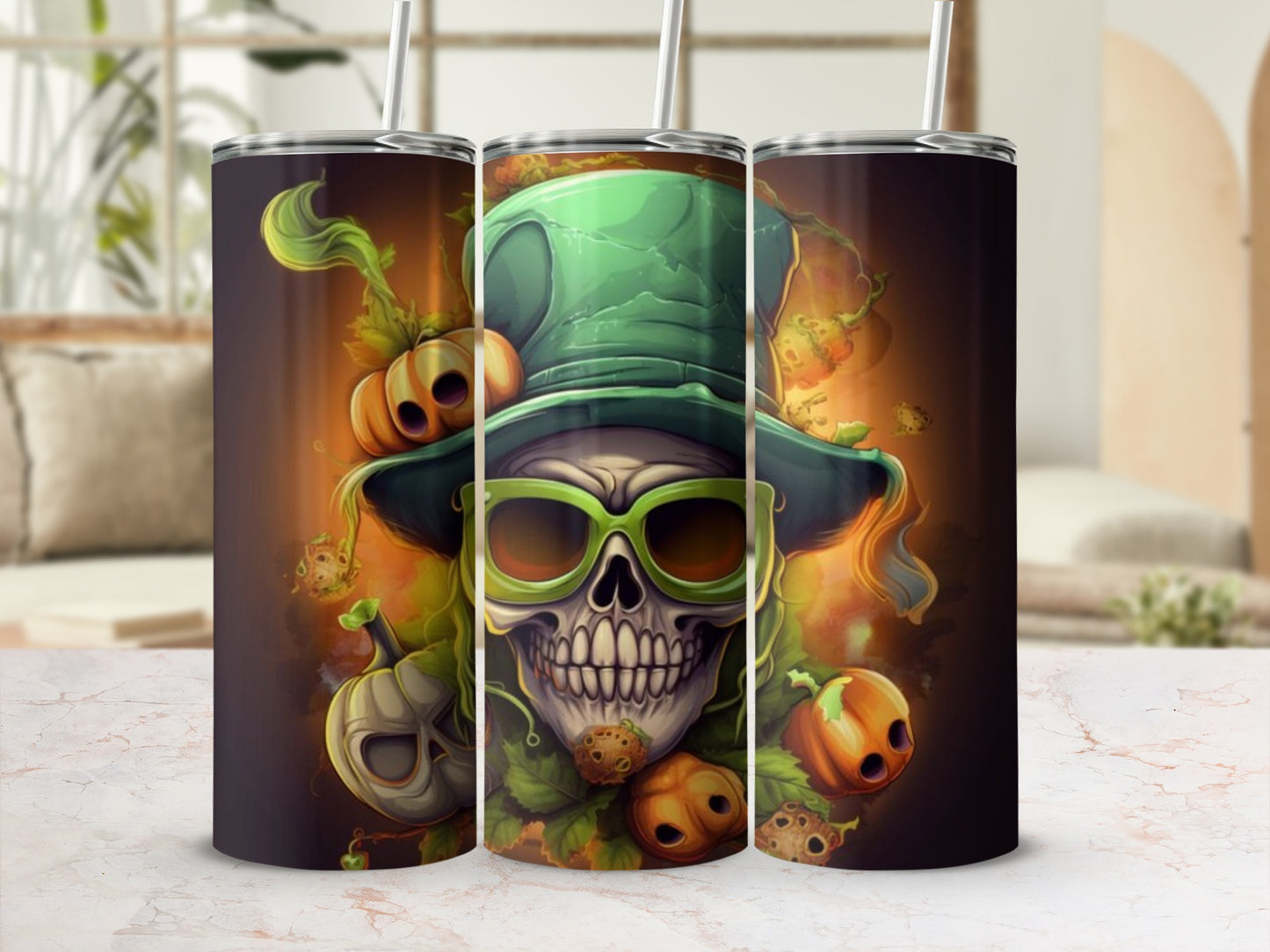 Three tumblers with a Halloween skull, pumpkins, and a green top hat design.