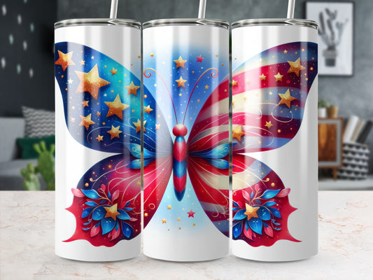 Butterfly design with stars and stripes pattern on a tumbler.