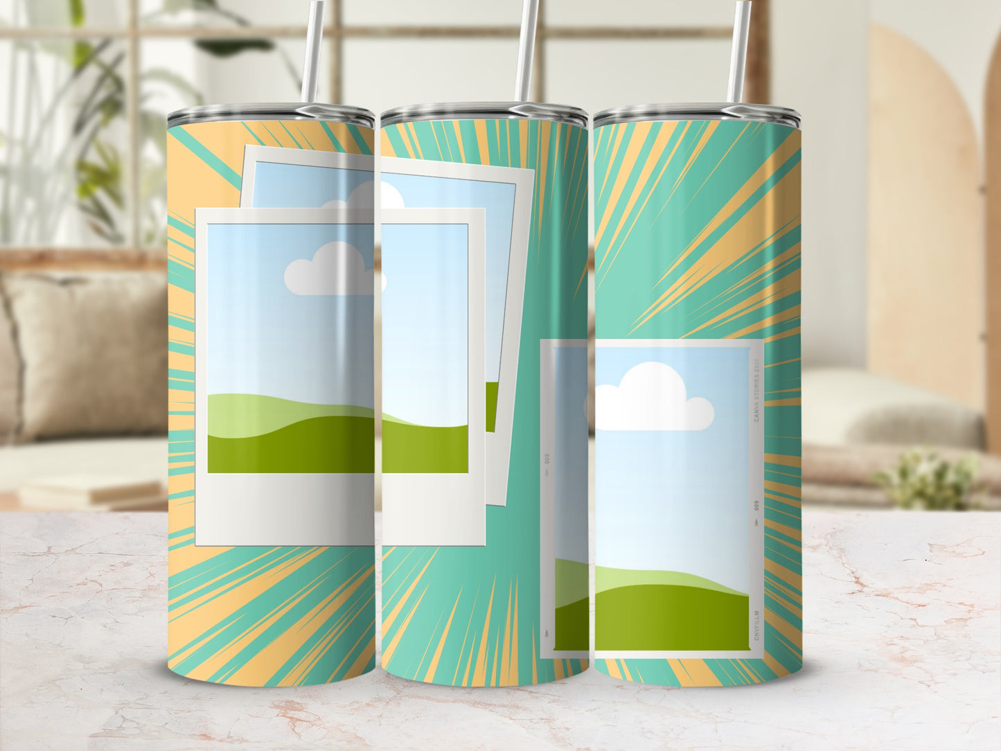 Three tumblers with a teal, orange, and white abstract design and polaroid frames.