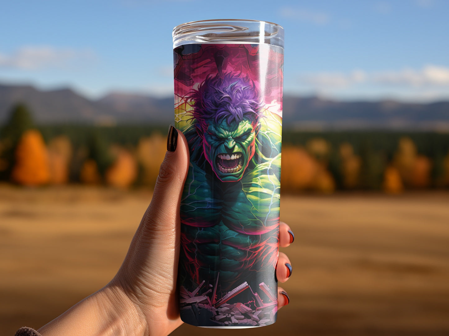 Vivid Hulk Illustration Tumbler with Scenic Background