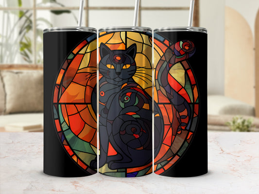 Black cat with yellow eyes in a stained-glass circle design.