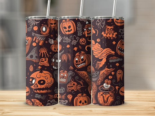 Three tumblers with a dark Halloween pattern of pumpkins, ghosts, bats, and skulls.