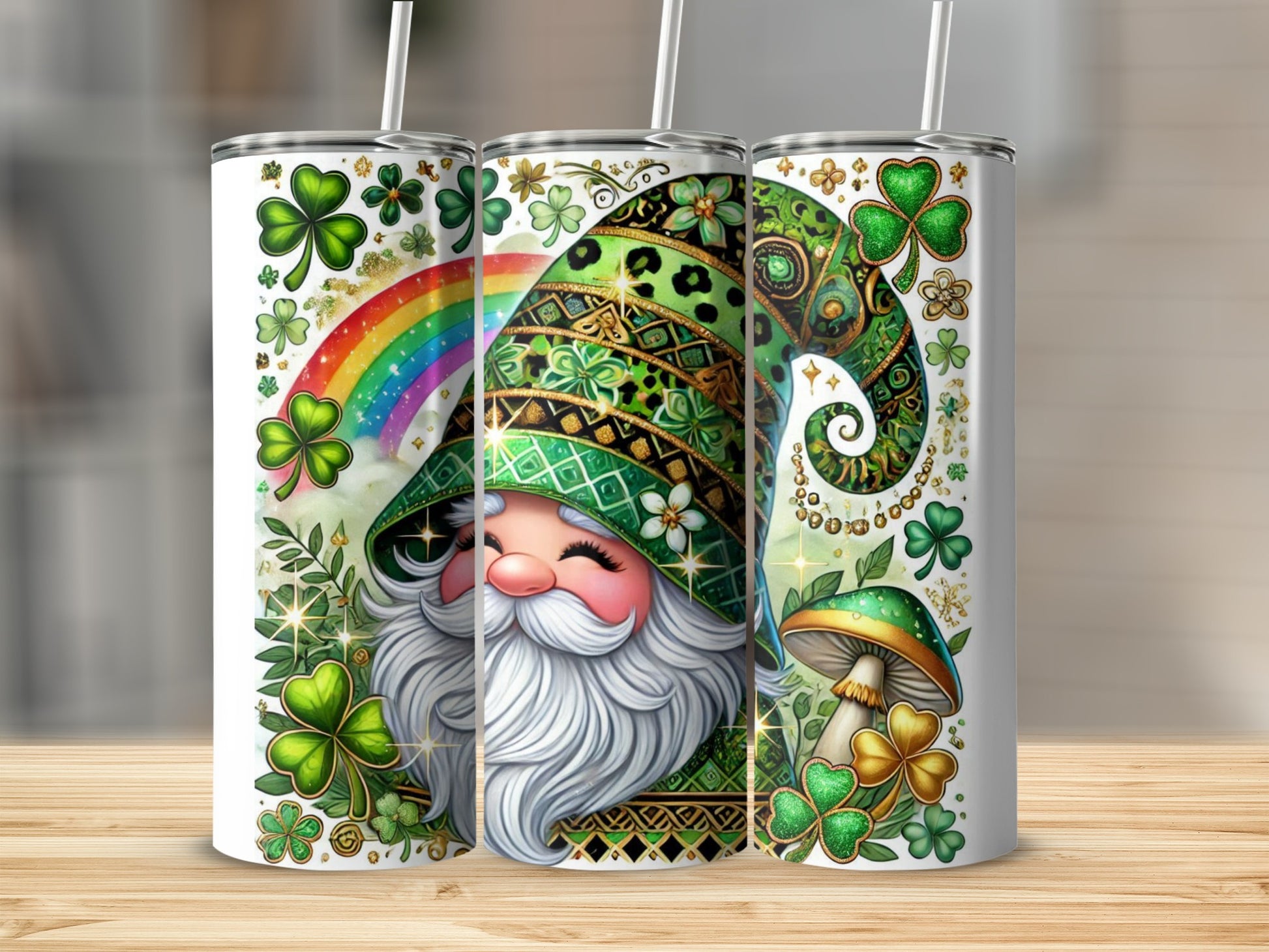 St. Patrick's Day gnome with shamrocks and a rainbow.