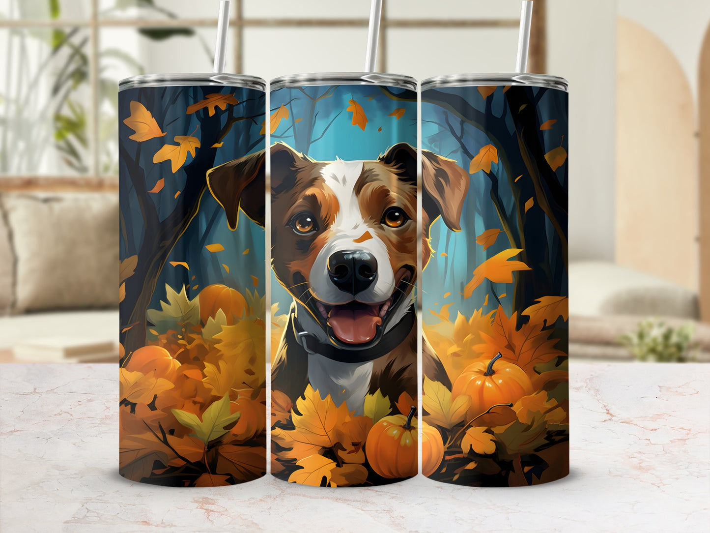 Tumbler with smiling dog among autumn leaves and pumpkins.