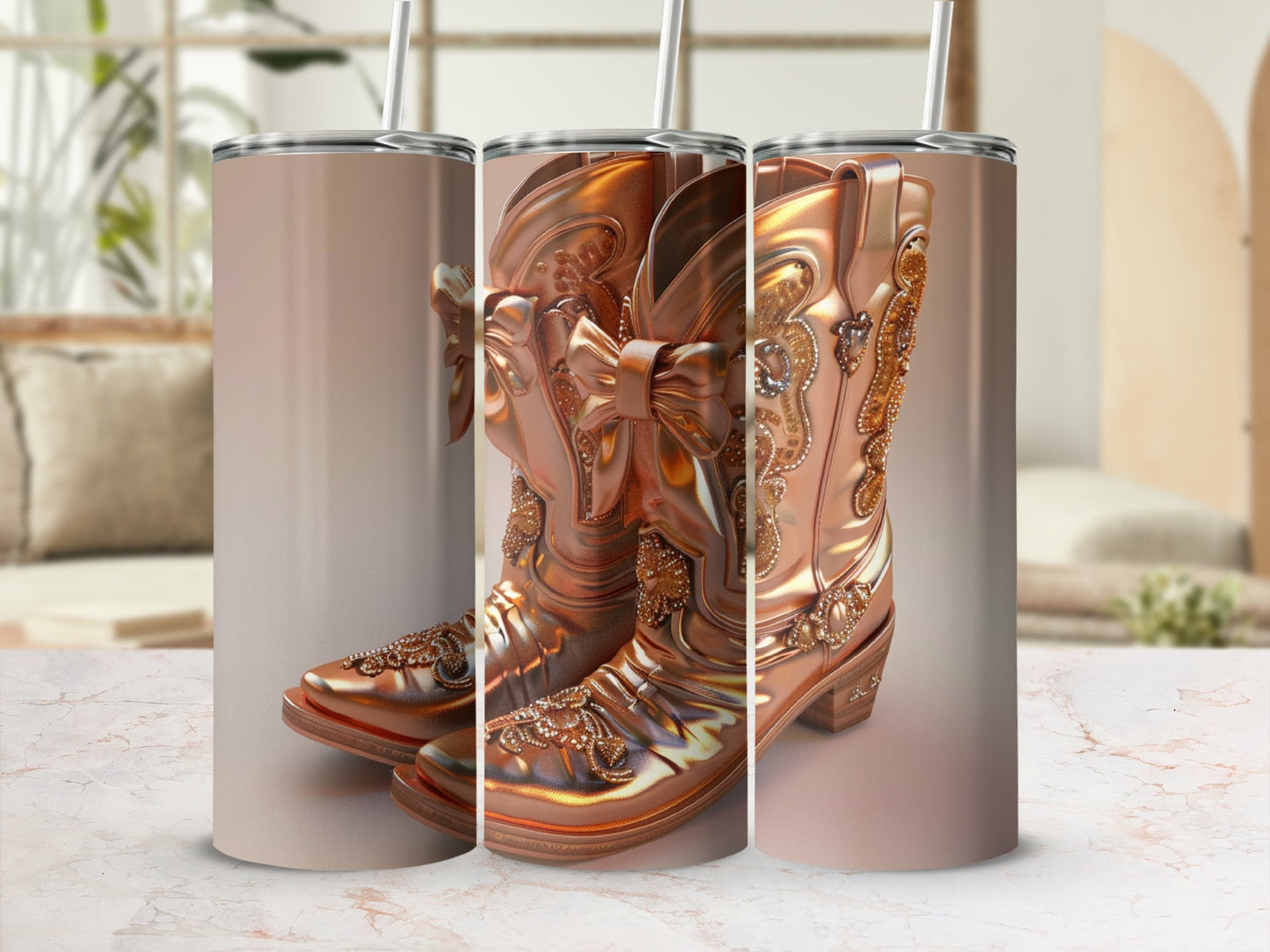 Rose gold cowboy boots with ornate detailing and bows on tumblers.