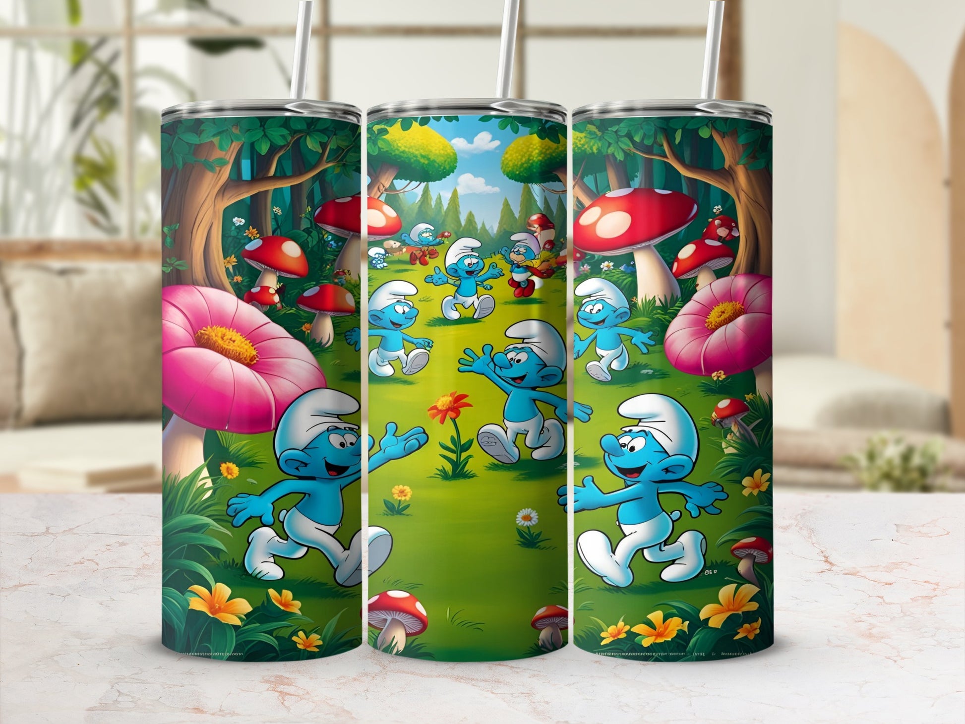 Smurfs dancing in a forest with mushrooms and flowers.