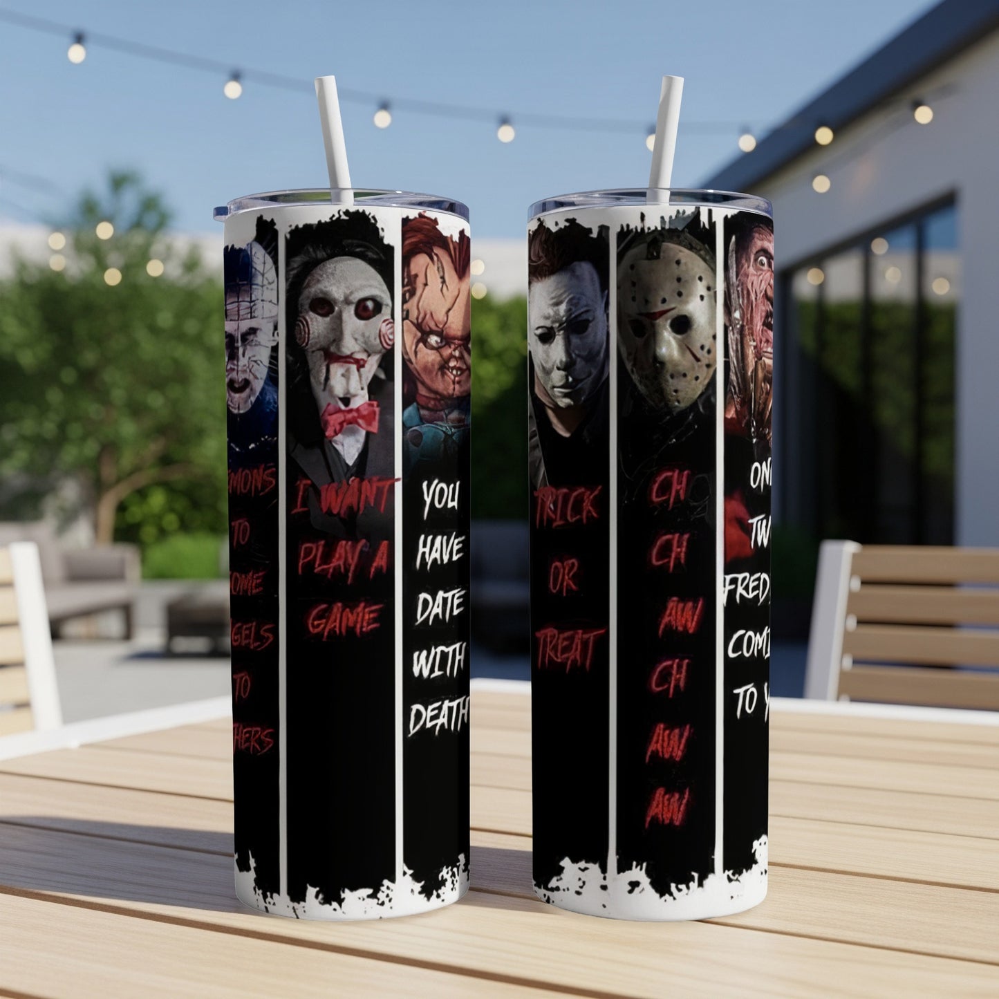 Tumbler with horror movie characters and text "I Want You to Play a Game".