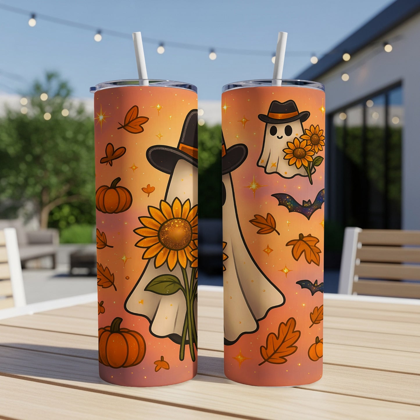 Two tumblers with a Halloween theme featuring ghosts, pumpkins, sunflowers, bats, and fall leaves.