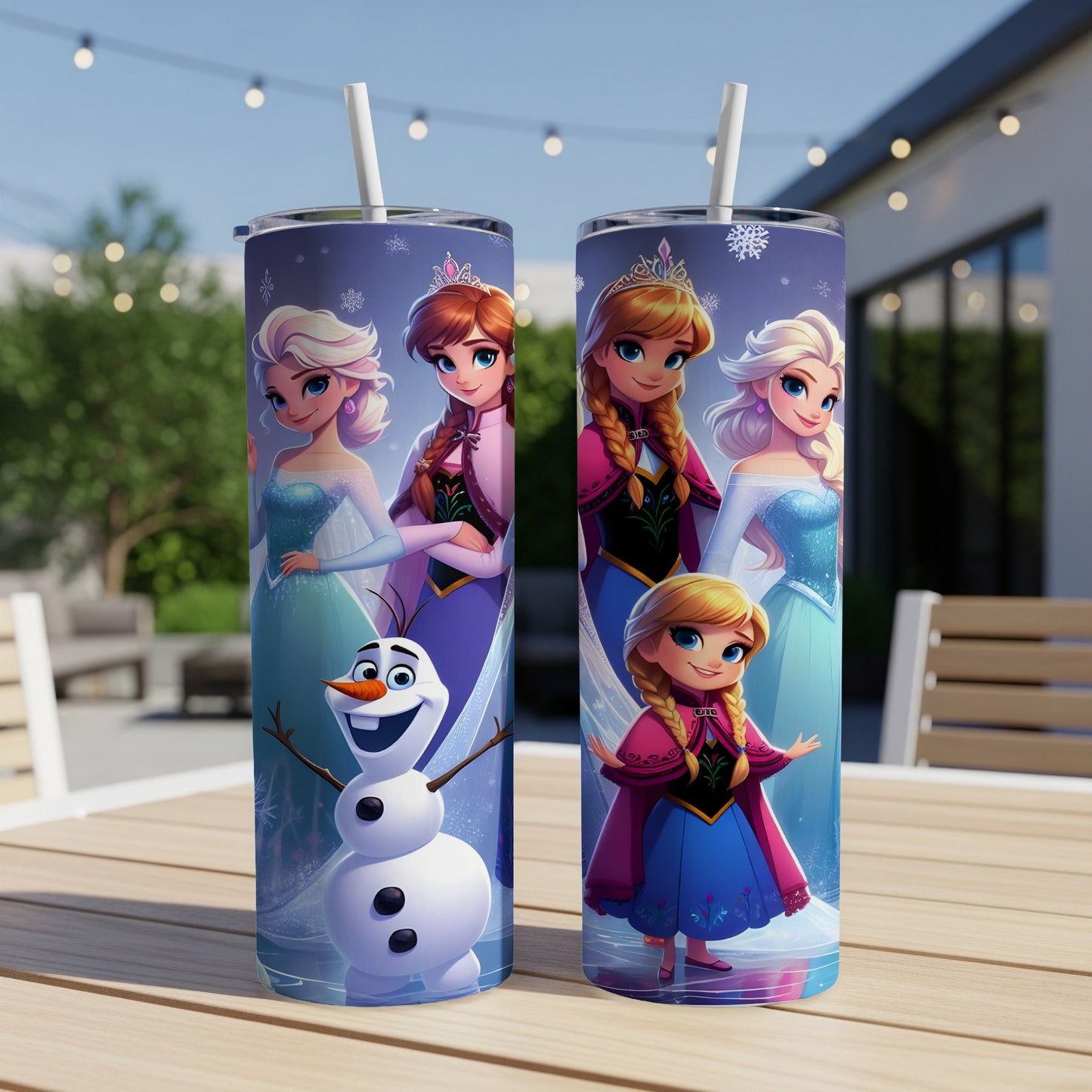Two Frozen-themed tumblers featuring Elsa, Anna, Olaf, and Kristoff.