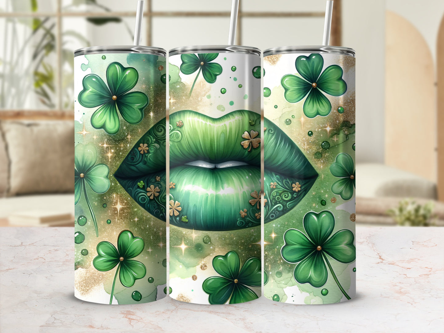 Green lips and shamrocks on a tumbler with gold glitter accents.