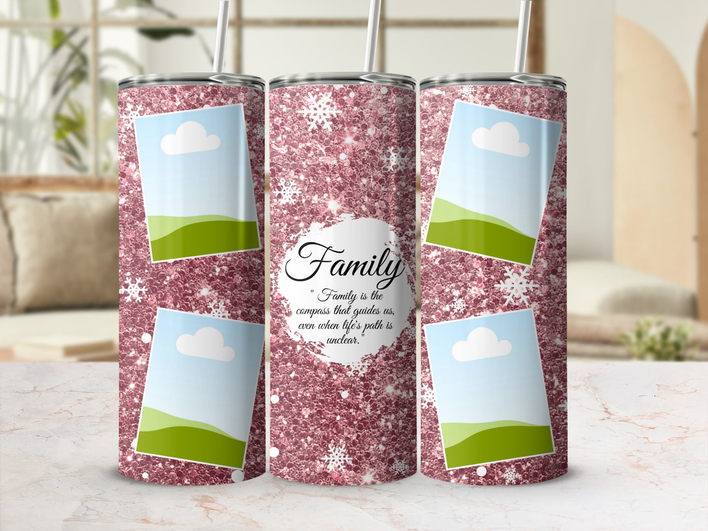 Rose gold glitter tumblers with photo frames and "Family" quote.