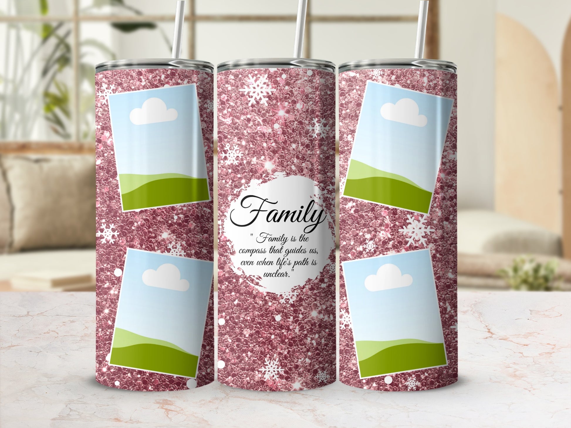 Rose gold glitter tumblers with photo frames and "Family" quote.