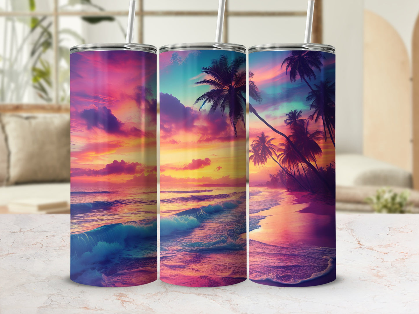 Tropical Sunset and Palm Trees Tumbler Design Set