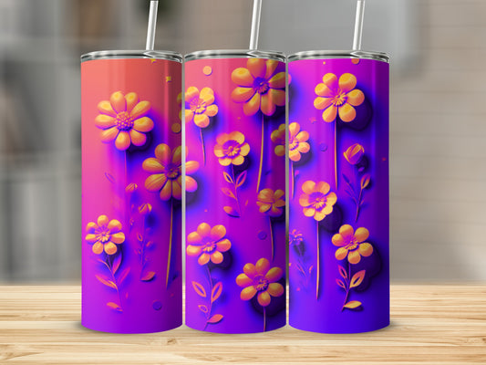 Three tumblers with a floral design on a gradient background.