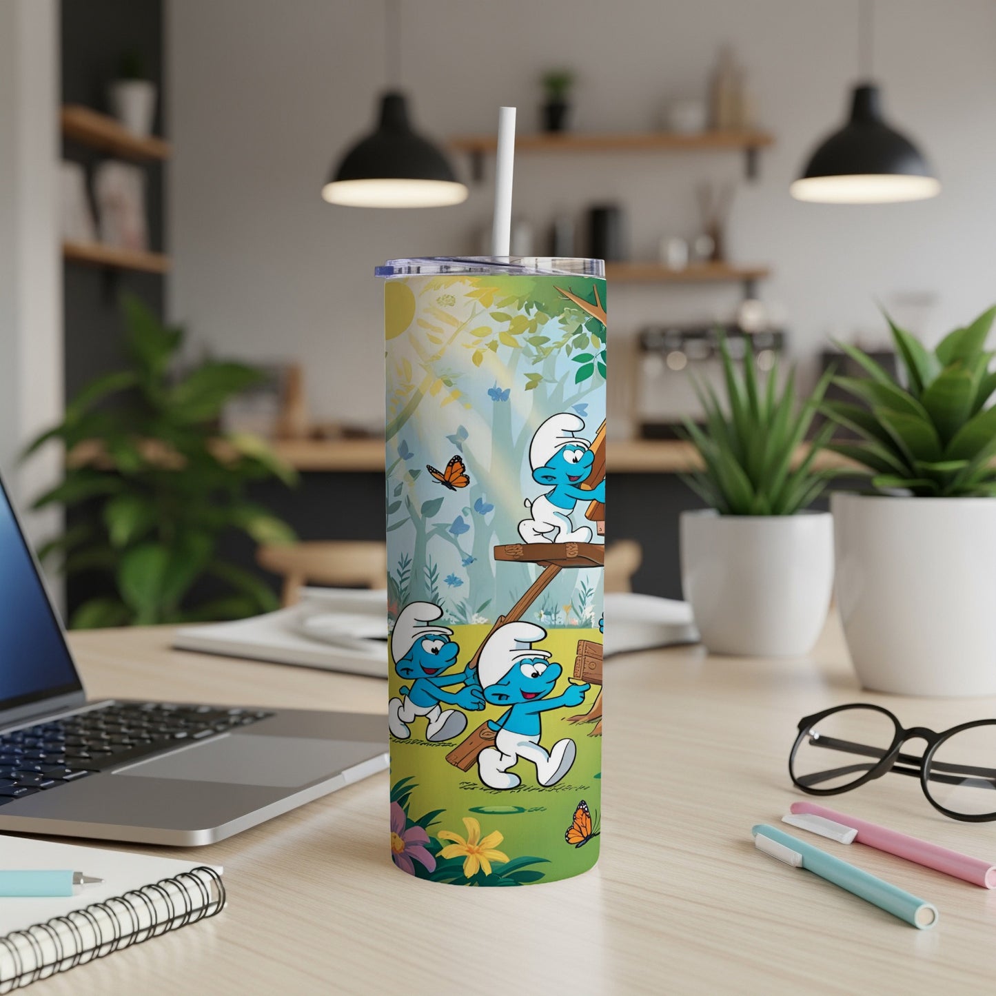 Smurfs on a tree swing with butterflies, on a colorful tumbler.