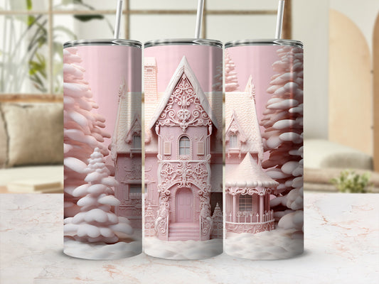 Pink pastel house with snow-covered trees and decorative details.