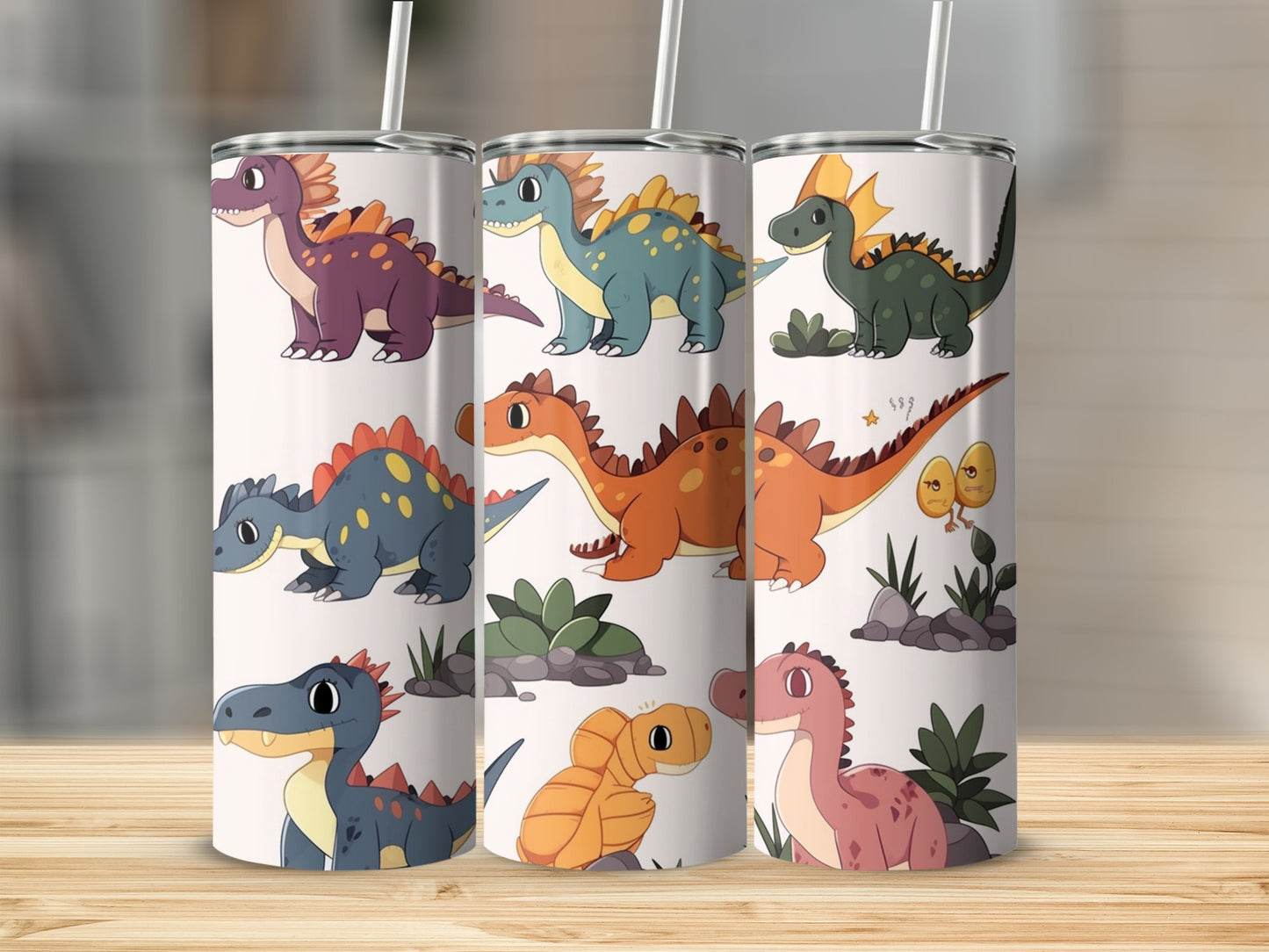 Colorful Cartoon Dinosaurs on White Tumbler Cup