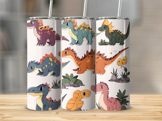 Colorful Cartoon Dinosaurs on White Tumbler Cup