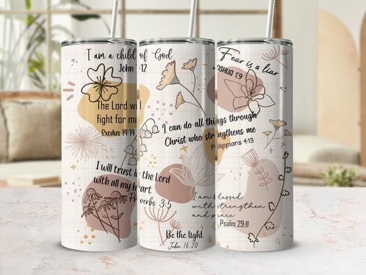 Tumbler with floral design and Bible verses "Fear is a liar."
