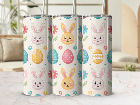 Three Easter-themed tumblers with bunnies and colorful eggs.