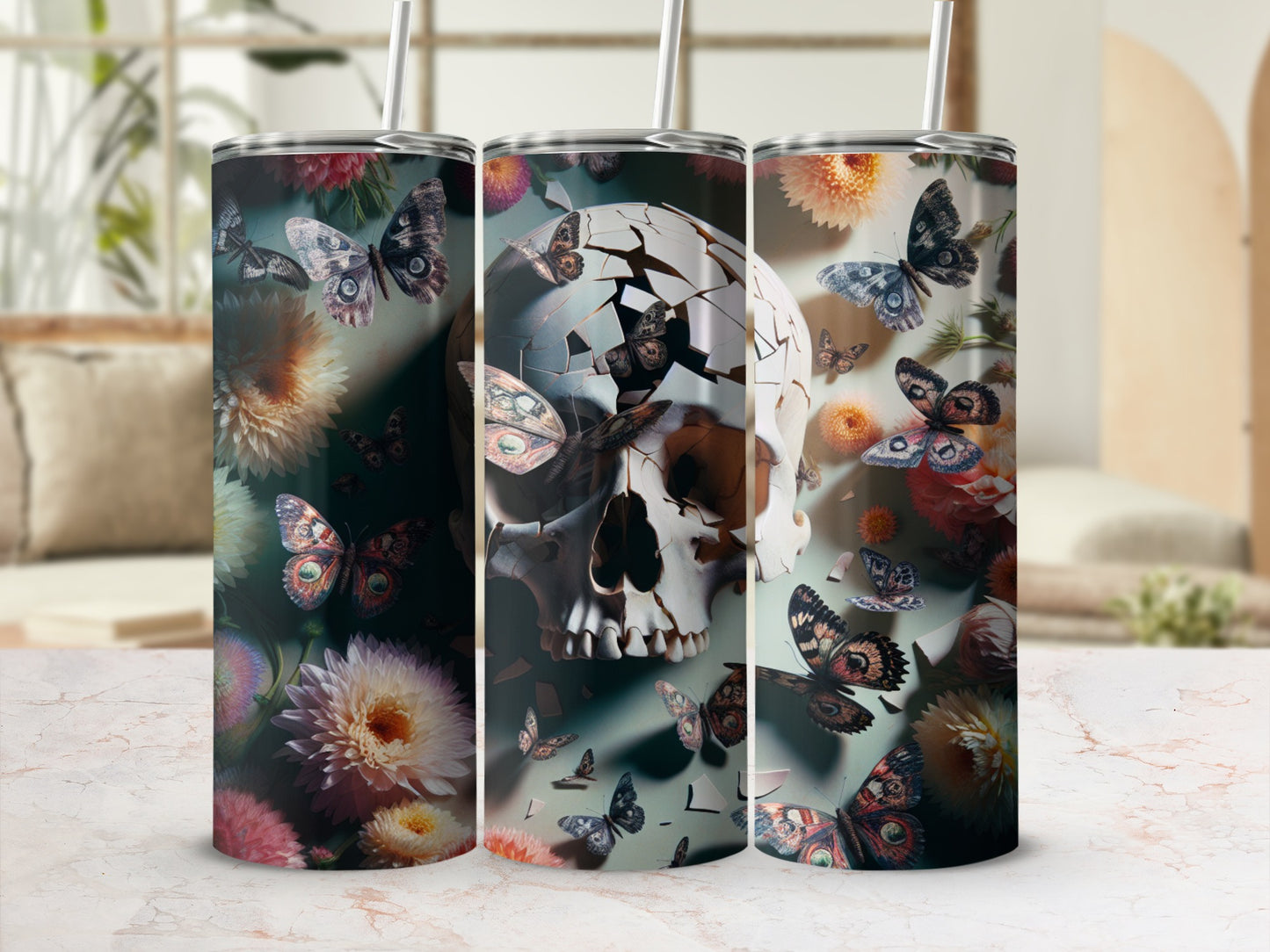 Cracked skull and butterflies on a patterned tumbler with straws.