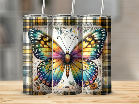 Three tumblers featuring a colorful butterfly design with a plaid background.